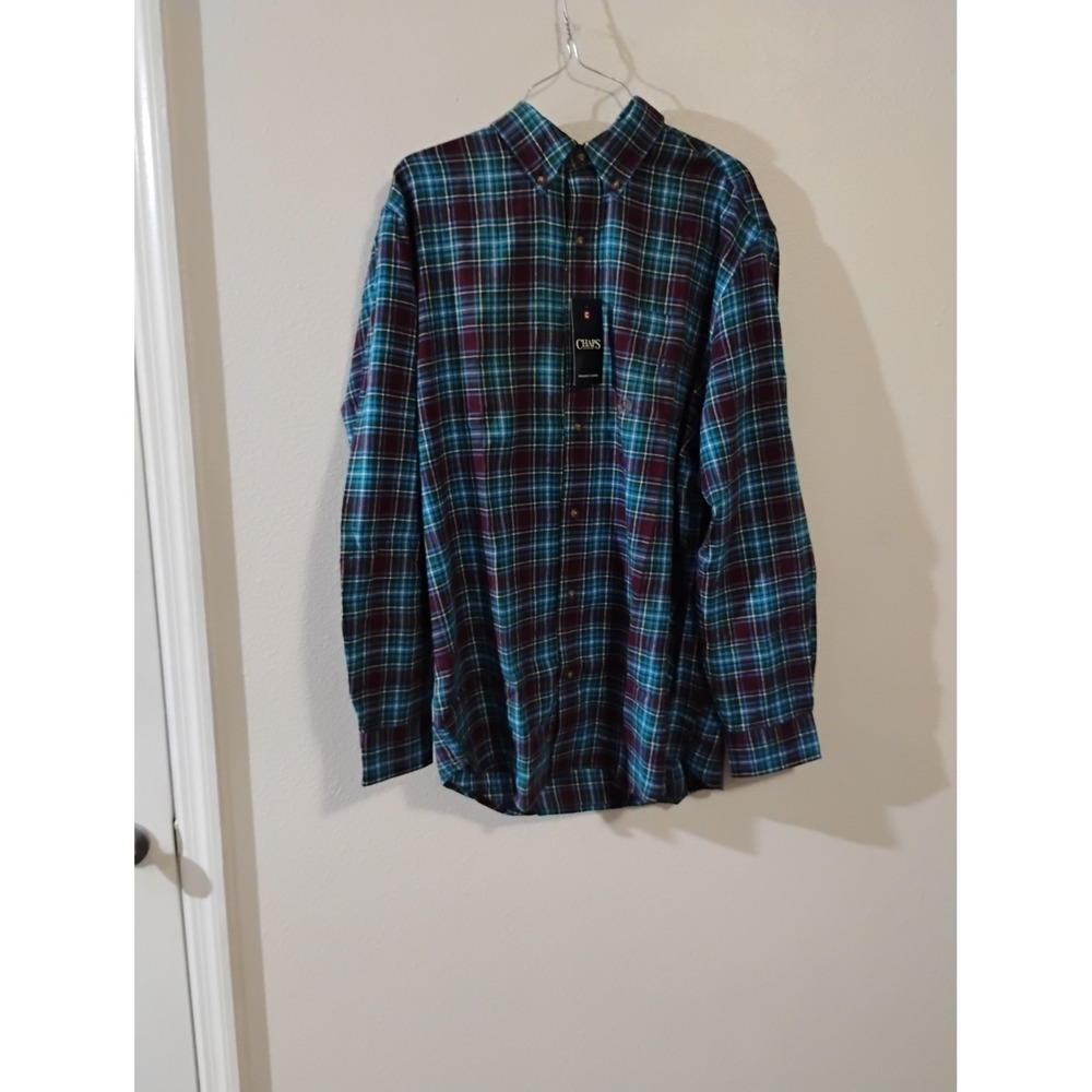 Chaps Mens Brushed Flannel Plaid Button Down Shirt Teal Burgundy L NWT